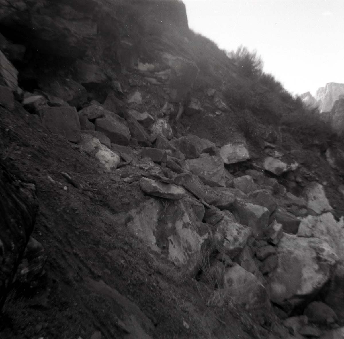 BW photo of rock slide near Echo Rock - 2.5" x 2.5".