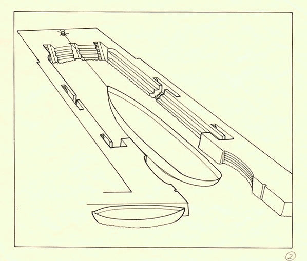 One illustration of a three-part diagram depicts the sequence for dry docking a ship. This illustration shows the vessel (ship) entering the dock, with the caisson ("floating gate") removed from the dock, but visibly floating nearby.