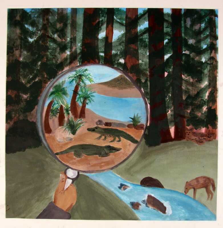 A magnifying glass shows a circle of an ancient beach in the modern forest