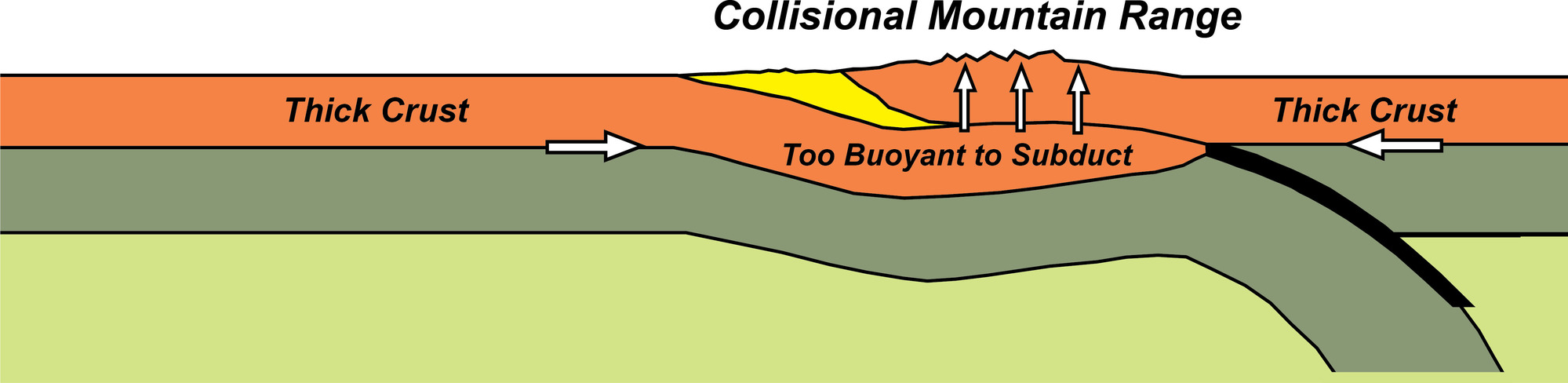 illustration of the upper layers of the earth showing subduction zone and collisional mountins