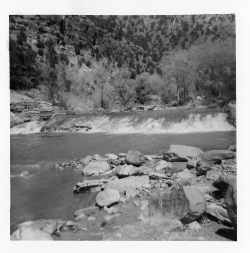 BW photo of the construction/modification of the Canyon Junction Spillway on the Virgin River.