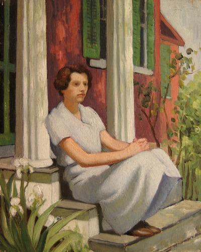 A painting of a women in a light blue dress sitting on a doorstep.