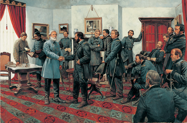 The Surrender, "Surrender Meeting" or “Surrender at Appomattox”: contemporary artist's conception, based upon research by National Park Service historians and curators, depicts the events of April 9, 1865.