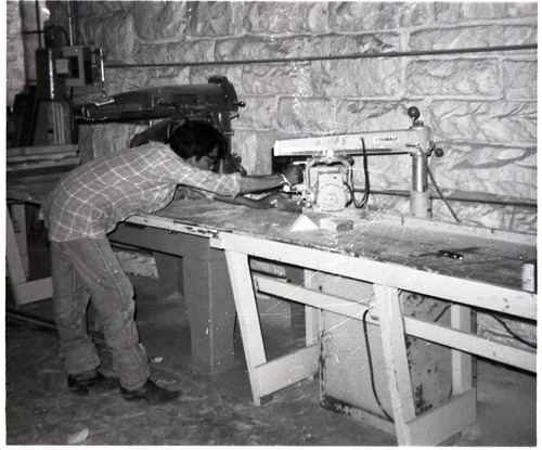BW Photo of Navajo workers in wood shop.