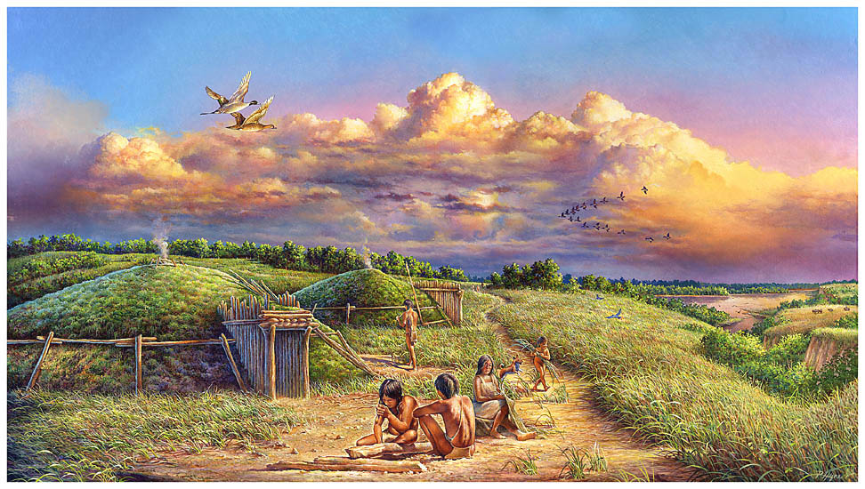 Scene depicts an earthlodge village on a bluff overlooking the Missouri River in the background