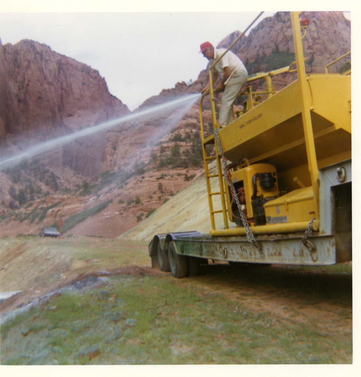 Color photo of the hydroseeding experiment along the Kolob Canyon Road.