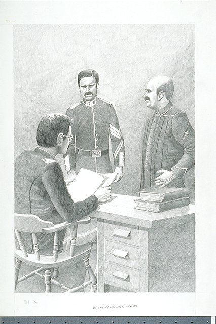 Interior scene of the surgeon's office in the Fort Union Hospital. Depicted are the surgeon, an assistant, and the First Sergeant.