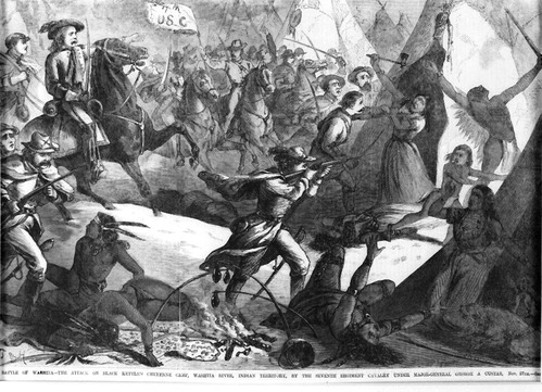 Black and white illustration of U.S. Army troops attacking Indian village.