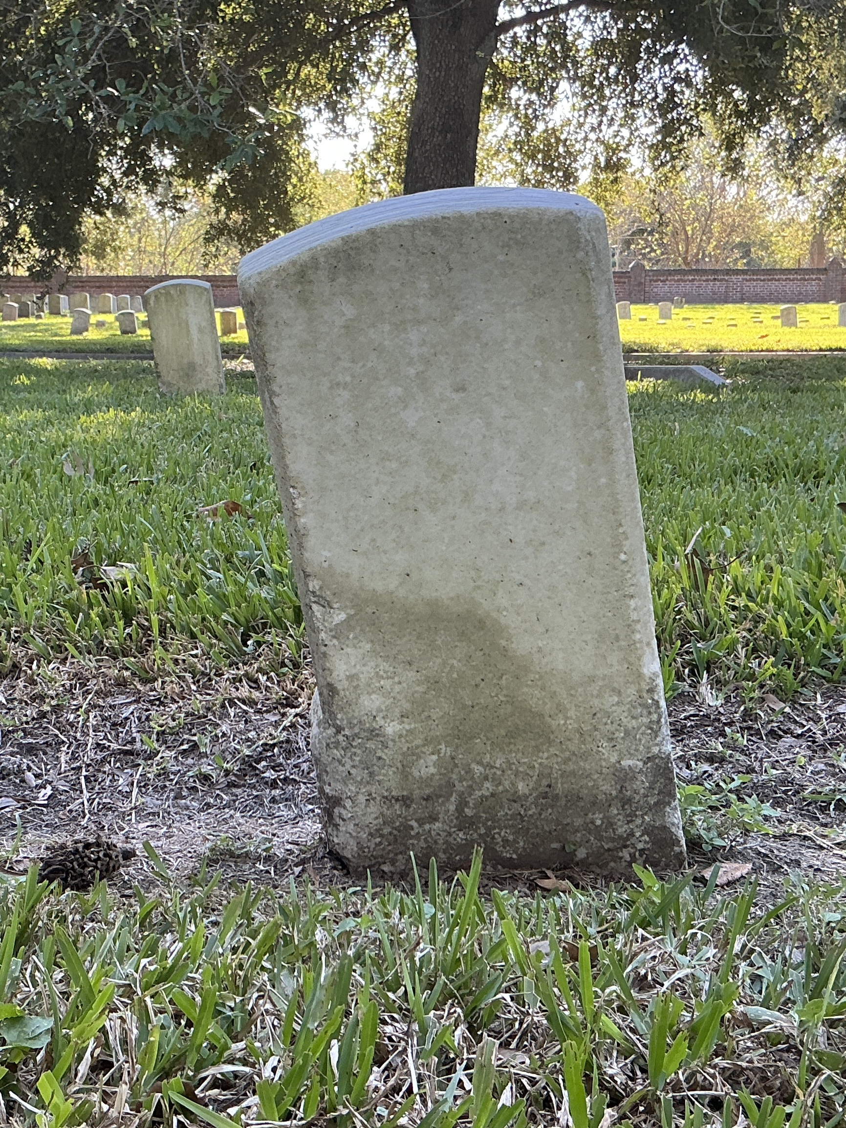 Back of historic upright marble headstone with incised shield face.