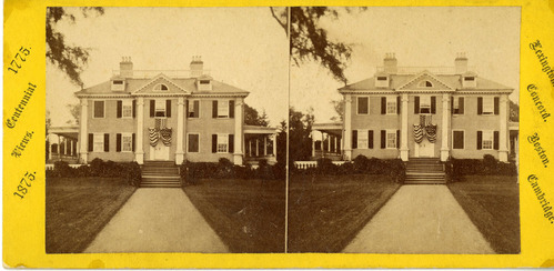 Two photographs of the same Georgian mansion side by side with flags hanging out of center window. Black and white stereograph.