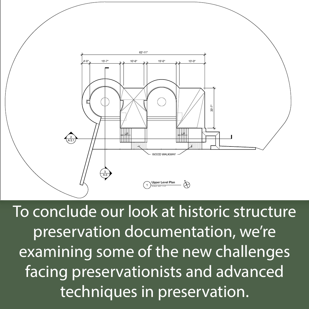 Caption: To conclude our look at historic structure preservation documentation, we’re examining some of the new challenges facing preservationists and advanced techniques in preservation. Image: Schematic drawing of the upper level plan from the historic structure report for the Forks of the Road Bridge.