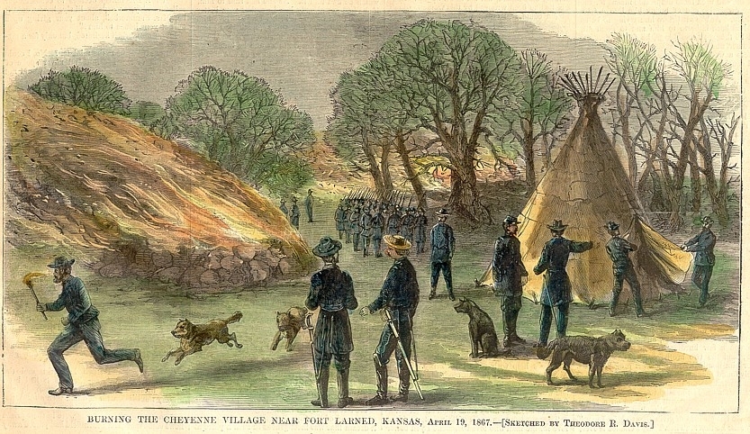 Color illustration of U.S. army troops burning an Indian village.
