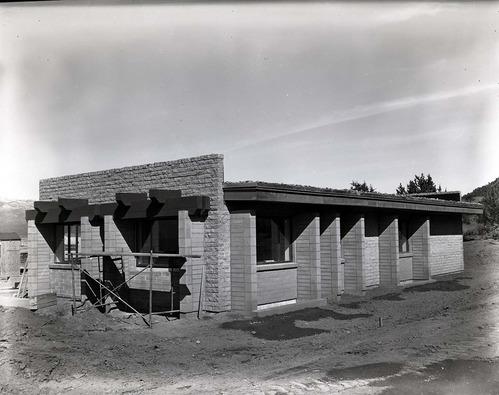 Scaffolding and supplies around the Kolob Canyons Visitor Center during its construction.