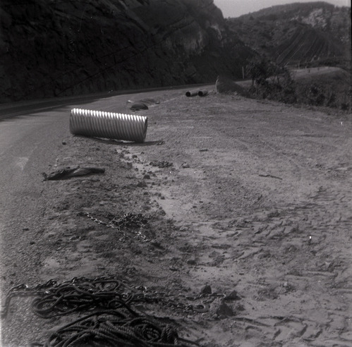 Construction materials along the road of the scenic canyon drive near the Grotto during road work.