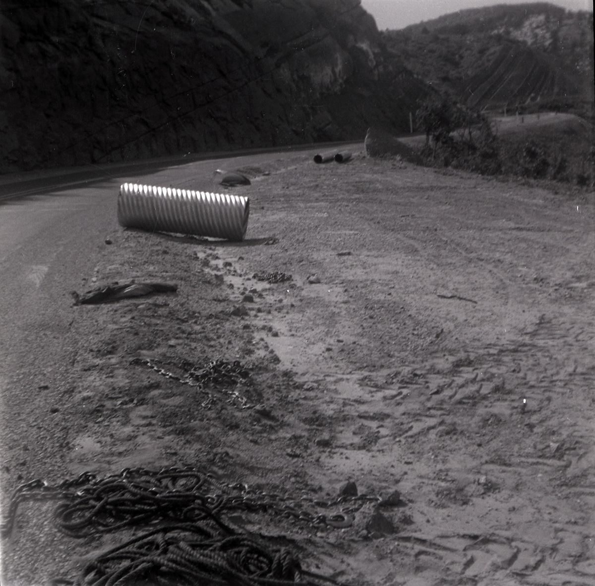 Construction materials along the road of the scenic canyon drive near the Grotto during road work.