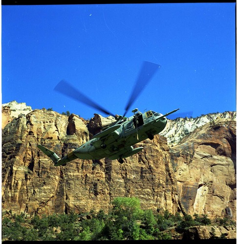 Color photos of the United States Air Force (USAF) helicopter used in the F111 crash retrieval operation in Zion.