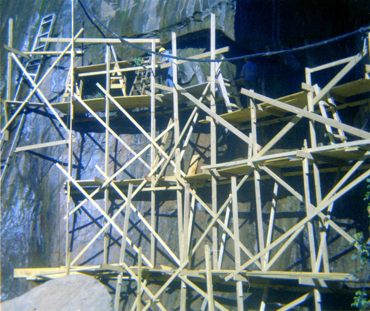 Scaffolding construction and use at the Temple of Sinawava during a spring project.
