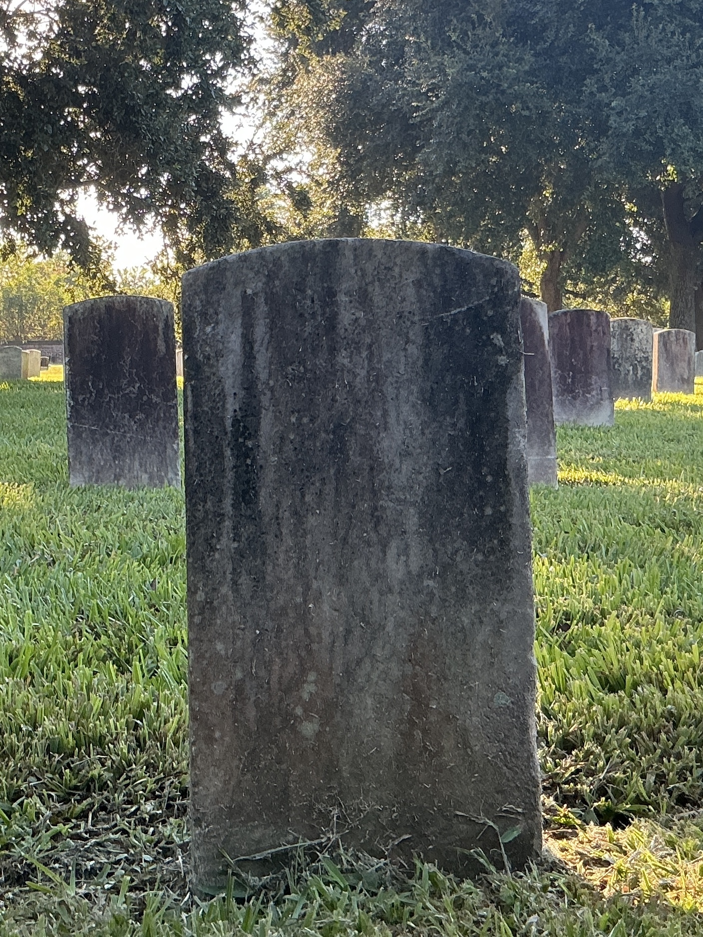 Back of historic upright marble headstone with recessed shield face.