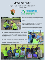 Youth from Groundwork Connecticut participated in service and art projects at Connecticut’s National Parks:Weir Farm National Historical Park in Wilton, and Coltsville National Historical Park in Hartford.
The youth helped restore the Weir Pond trail and painted games on the asphalt at Colt Park.
Led by Master Impressionist Dmitri Wright, youth created original artwork in each park during impressionist plein air painting workshops with a focus on the juxtaposition of urban and rural landscapes. The youth experienced first-hand how national parks have inspired artists and visitors for over a century, and were, themselves, inspired to be part of the story. Three images with youth in bright yellow t-shirts 1. four youth smiling while dipping paint brushes in yellow, red and white paint cans. 2. Three youth painting landscapes. 3. Photo of 12 people in front of five landscape paintings. 