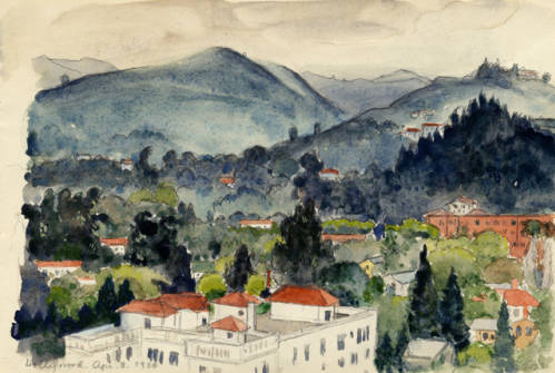 A painting of a cityscape with a hillside in the background.