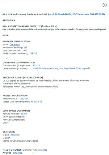 Ott House Documents for Demolition Harpers Ferry National Historical Park March 2014