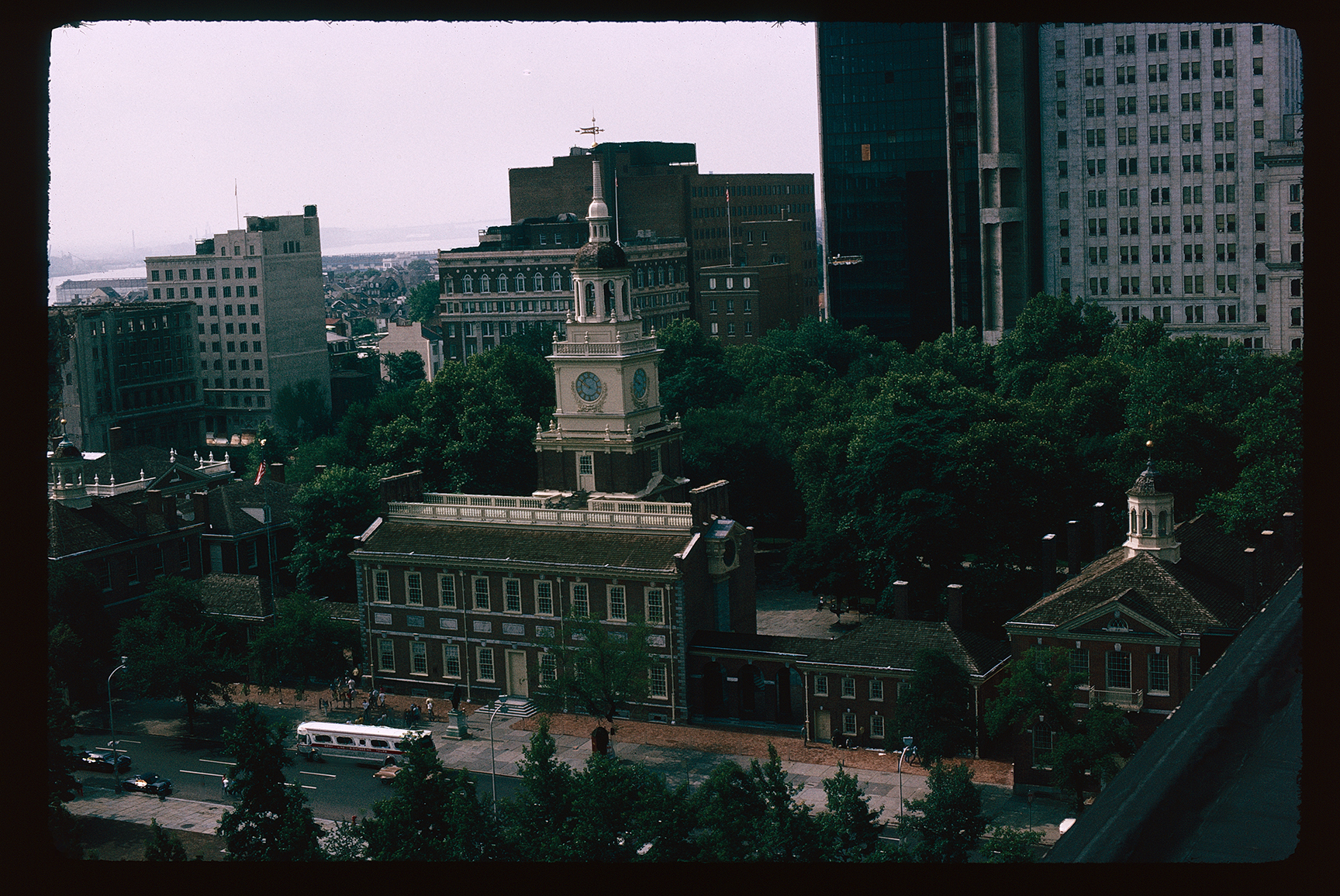 Independnece Hall. Exterior. Aerial. Looking southeast across Chestnut Street. Tower clock, 9:50 AM.