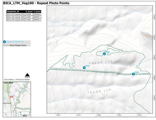 Map of repeat photo point locations for one of fifteen areas where long-term monitoring of sage-steppe vegetation occurs starting in 2011 in Bighorn Canyon National Recreation Area.