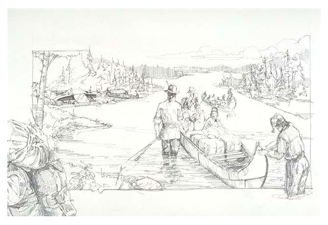 North Men voyageurs setting out from Fort Charlotte for another winter in the Canadian Northwest wilderness via the Pigeon River. The canoes are shown "sunk to the Gunnell."
