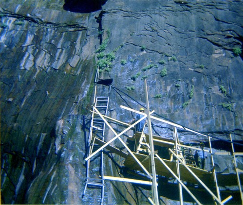 Scaffolding construction and use at the Temple of Sinawava during a spring project.