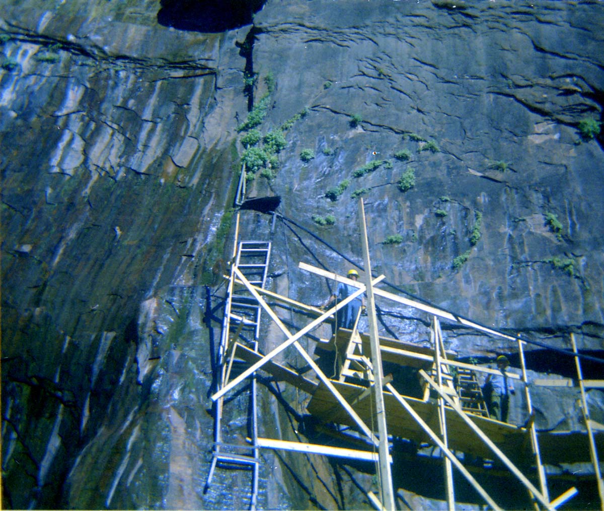 Scaffolding construction and use at the Temple of Sinawava during a spring project.