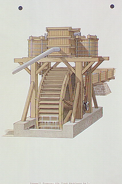 Air blast machine was used to direct air into the hearth under pressure by the water-powered blast machinery, raising the fire in the furnace to smelting temperature.