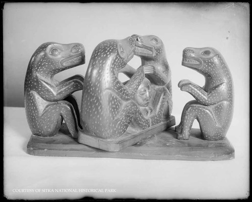 Still life of argillite carvings.