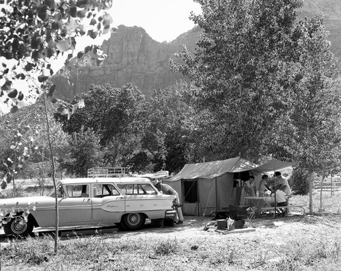 A family camping at South Campground in Zion, recreational use.