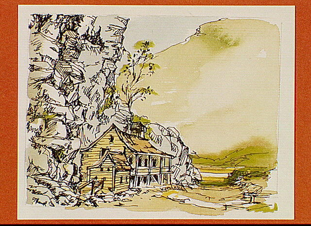 One of three panels showing houses built along cliffs around Harpers Ferry.