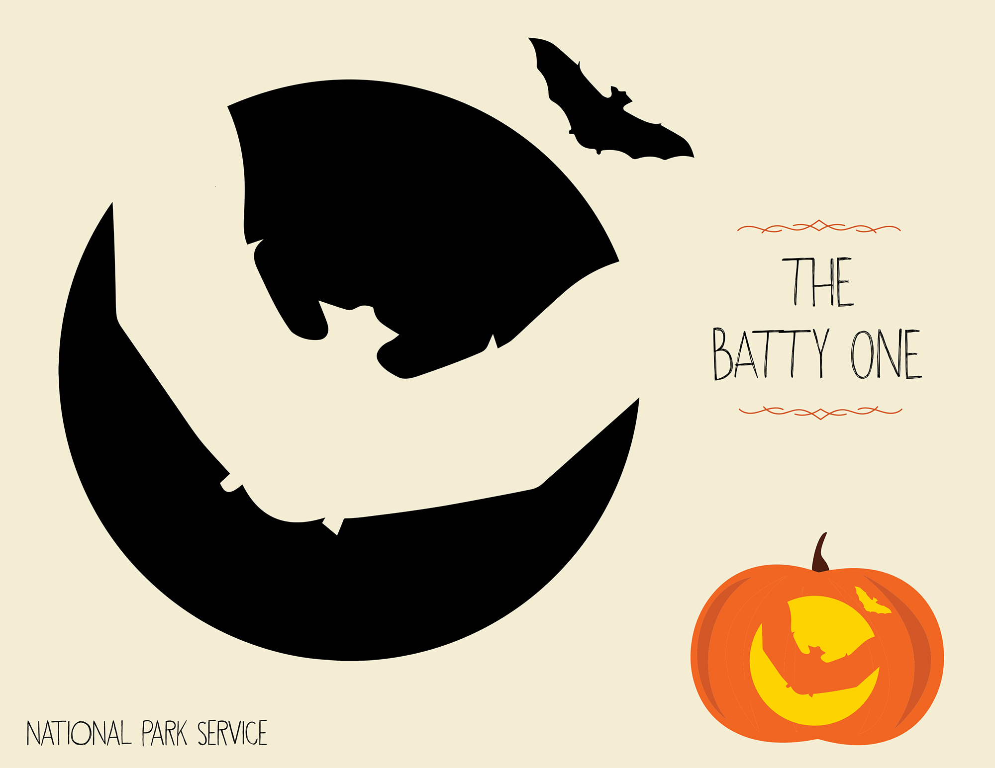 Template to use to carve a jack o' lantern. Image features a bat against a full moon and smaller bat nearby. There is also an example of the image used on a jack o' lantern. Text reads "The Batty One".