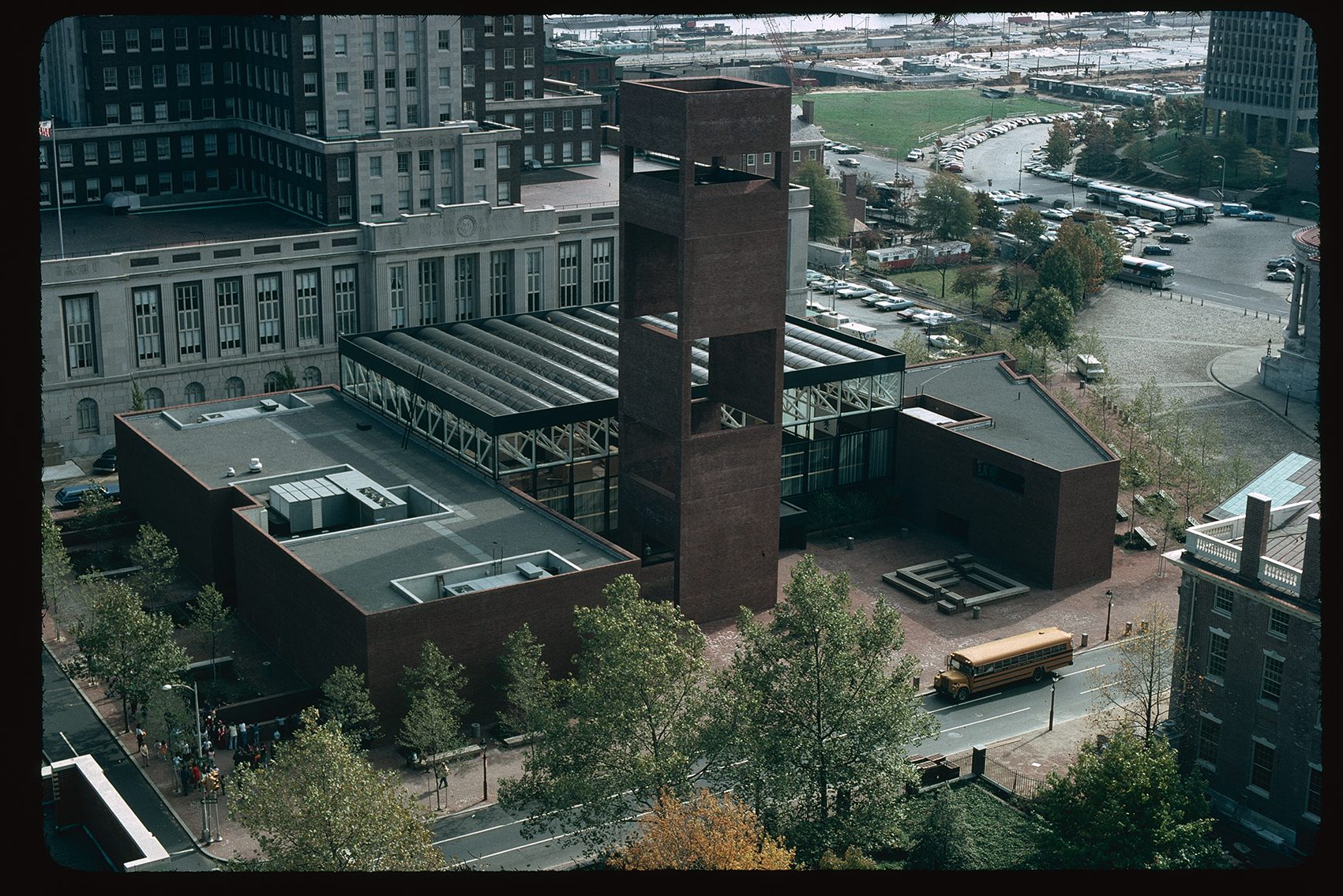 (Old) Visitor Center (101 South 3rd Street). Exterior. Aerial view. Looking southeast past 3rd Street, towards the Delaware River.