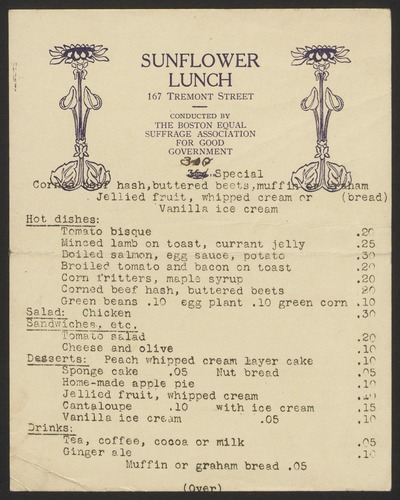 Printed Menu of the Sunflower Lunch.