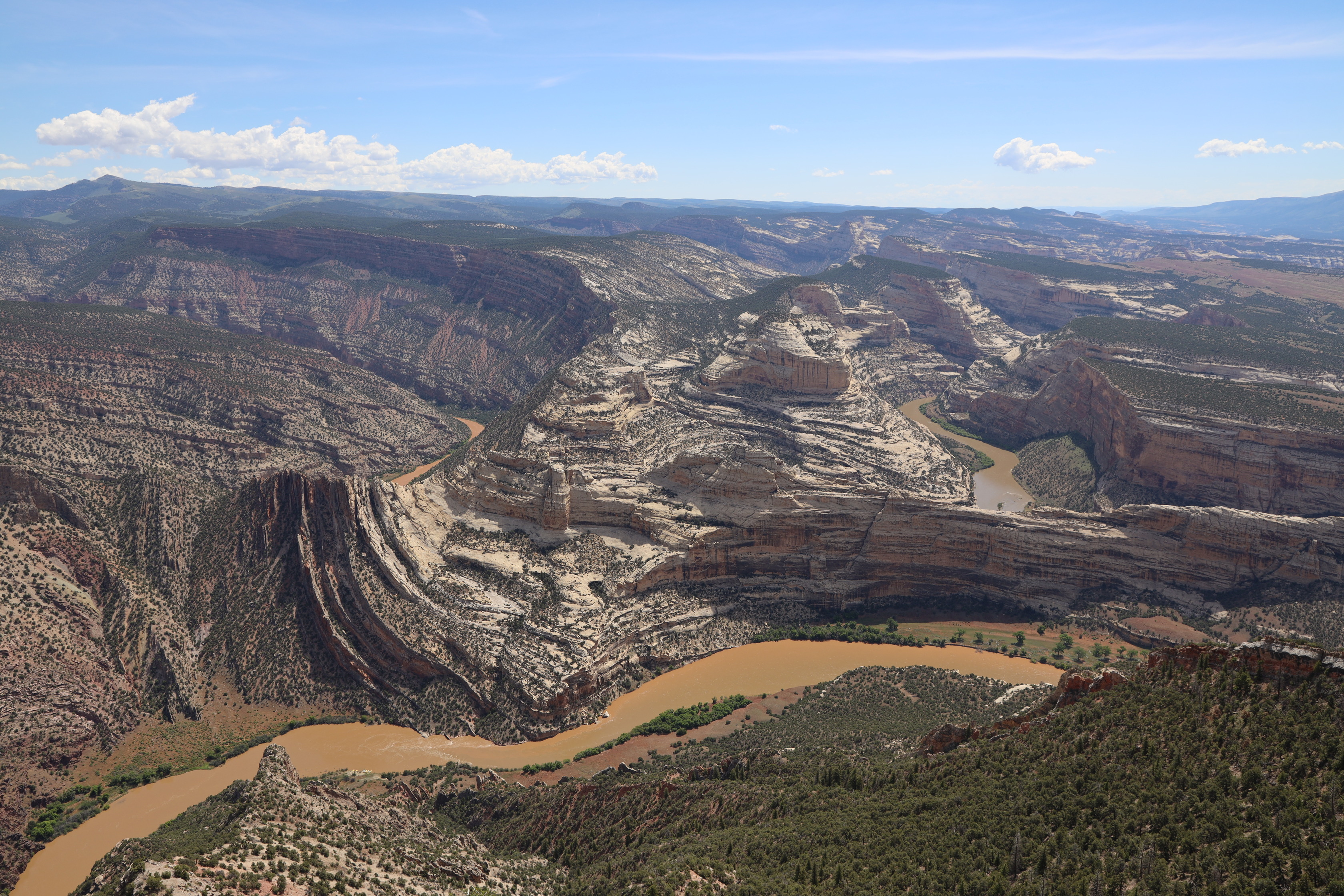 The Green River flows through sweeping geologic formations, such as the Mitten Park Fault, in this view from Harpers Corner Trail. The water is reddish-brown in color. 