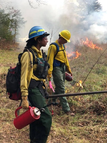 Two firefighters in protective gear hold driptorches in a meadow that is on fire.