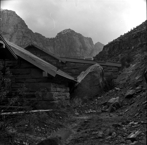 The rock fall which damaged plumber shop, Oak Creek maintenance yard.