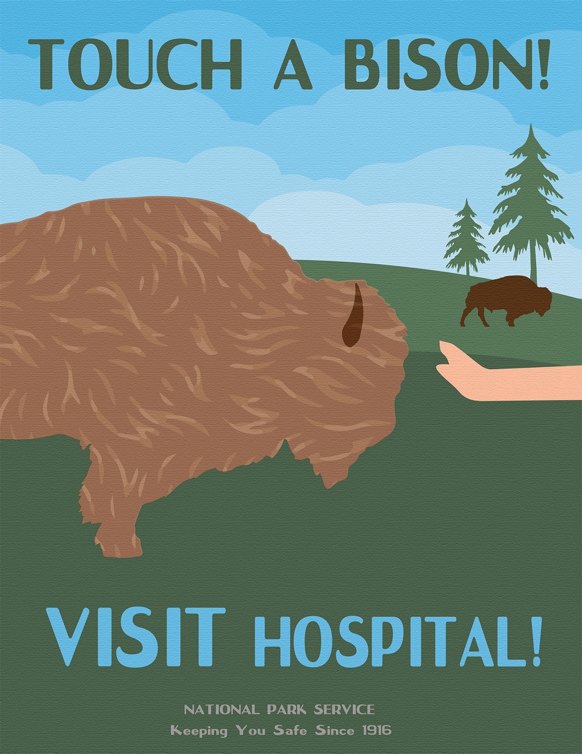 Infographic with text reading "Touch a Bison, Visit a Hospital! National Park Service. Keeping You Safe Since 1916." Illustration is of a hand reaching out to touch a bison in a field with another bison and a couple of trees in the background.