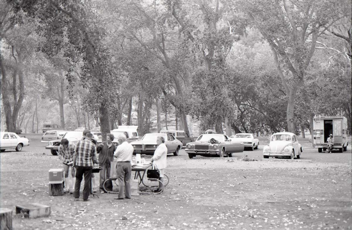 BW photos of visitors using Grotto Picnic Area.