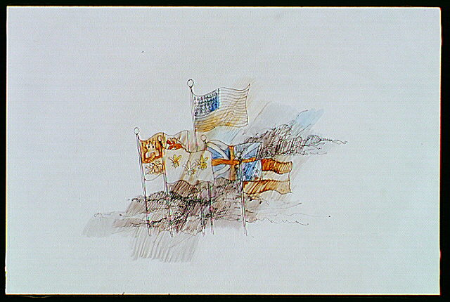 American, British, Spanish, and French flags.