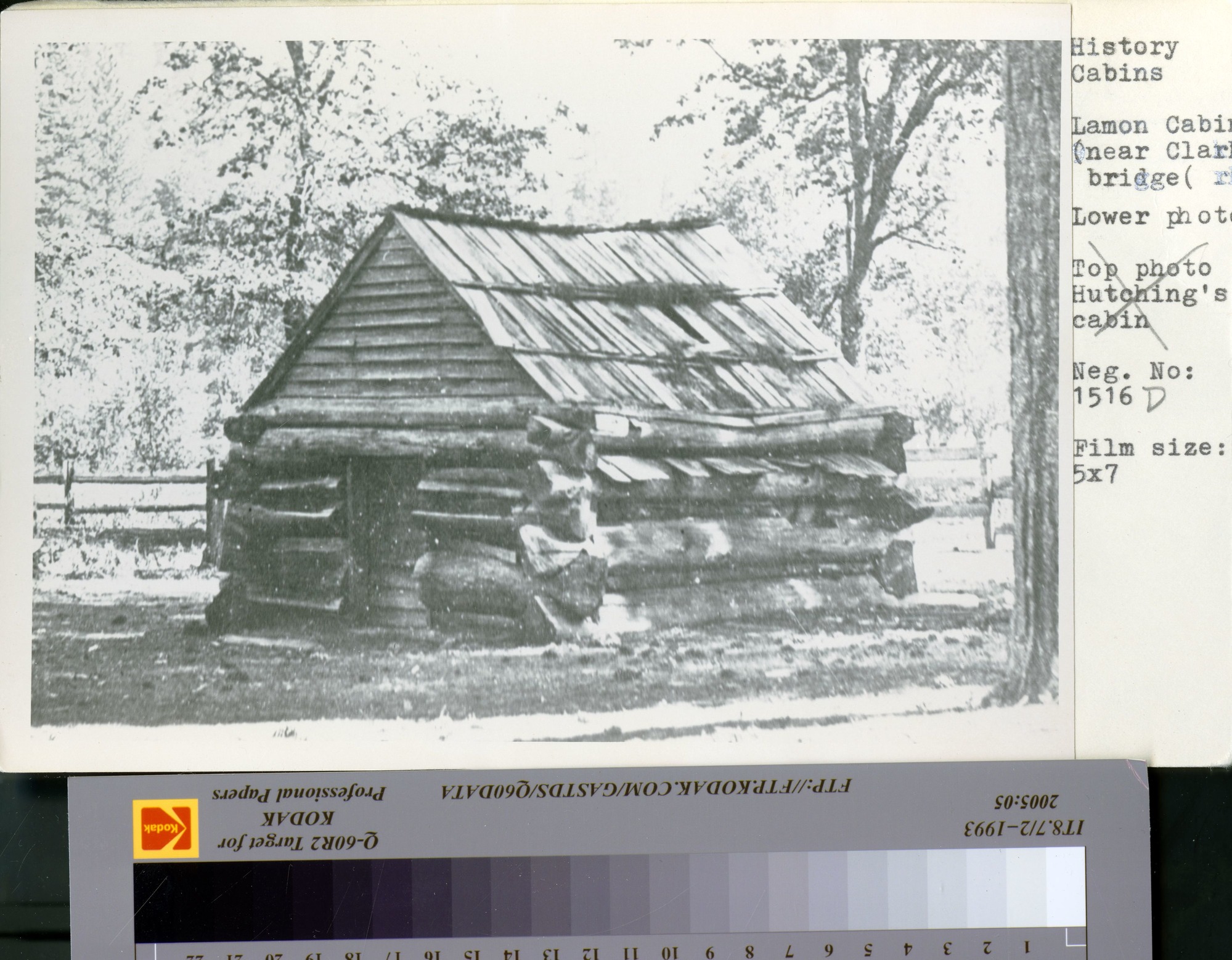 Lamon Cabin (near Clark Bridge). Lower photo: Hutching's cabin. [Crossed out: Hutching's cabin]