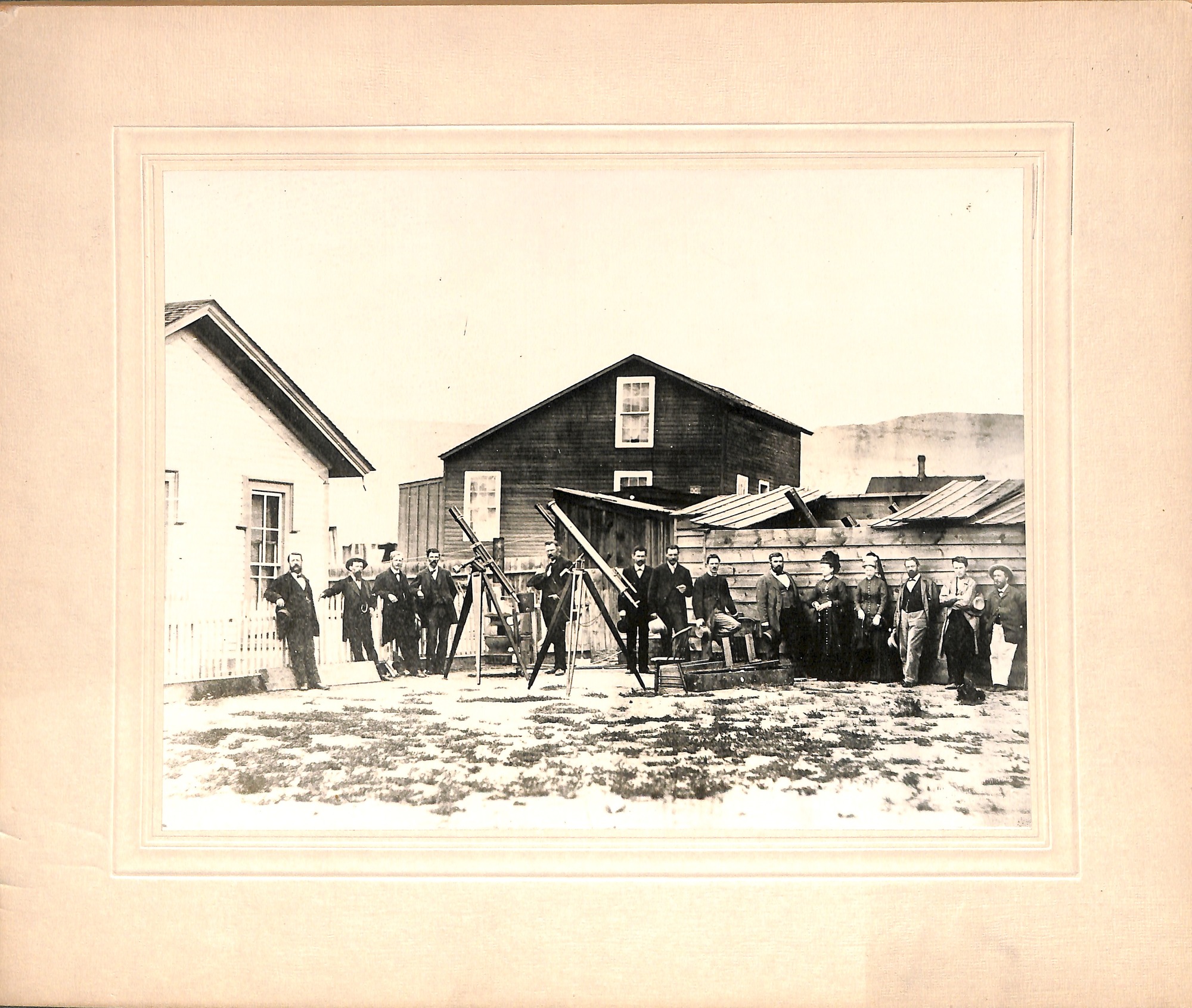 Astronomical expedition at Rawlins, Wyoming to observe a solar eclipse. Thomas Edison second from right.. Astronomical expedition at Rawlins, Wyoming. Thomas Edison second from right. From left to right - Prof. G. I. Barker [University of Pennsylvania] ; Master Mechanic ; Prof. Henry, Morton [President of Stevens Institute, NJ] ; Edison's friend, Bloomfield ; Prof. S. Hess. Fort Dodge, Iowa ; D.H. Talbot. Sioux City, Iowa ; W. F. Rae [Correspondent, London Press] ; Mr. Fox [Correspondent, New York Herald] ; Prof. Watson and wife, Ann Arbor, Michigan ; Prof. Draper and wife, [University of New York] ; Prof. Thomas A. Edison, Menlo Park ; Prof. Norman Lockyer, England.