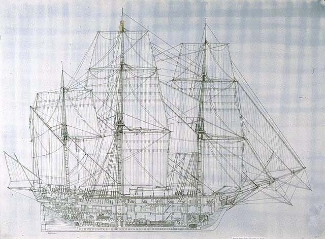 A cutaway of an 18th century American frigate under full sail showing the various decks and compartments, rigging, cargo, and sailors engaged in various activities.