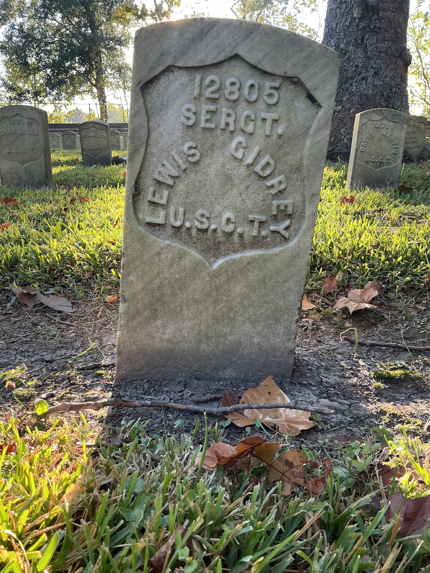 Front of historic upright marble headstone with recessed shield face.