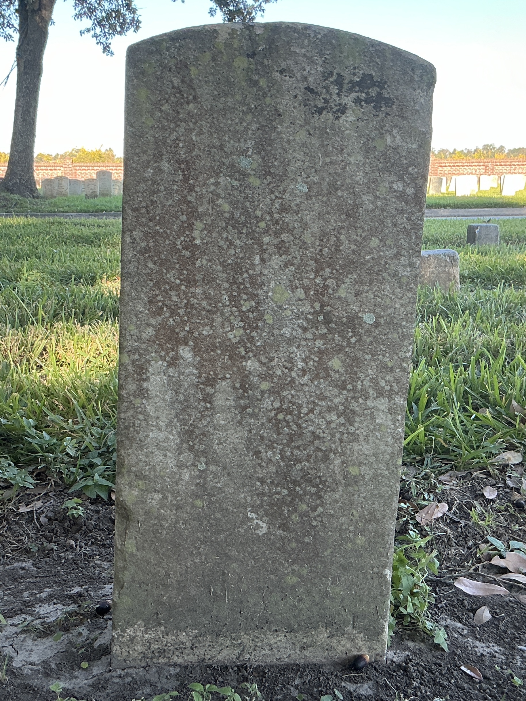Back of historic upright marble headstone with recessed shield face.