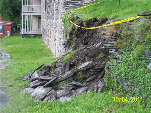 The stone masonry fallout on Saturday, October 1, 2011, at the upper terrace of the historic High Street Retaining Wall (HAFE LCS 03887) in Lower Town, Harpers Ferry, located just above High Street and just below Public Way Street.