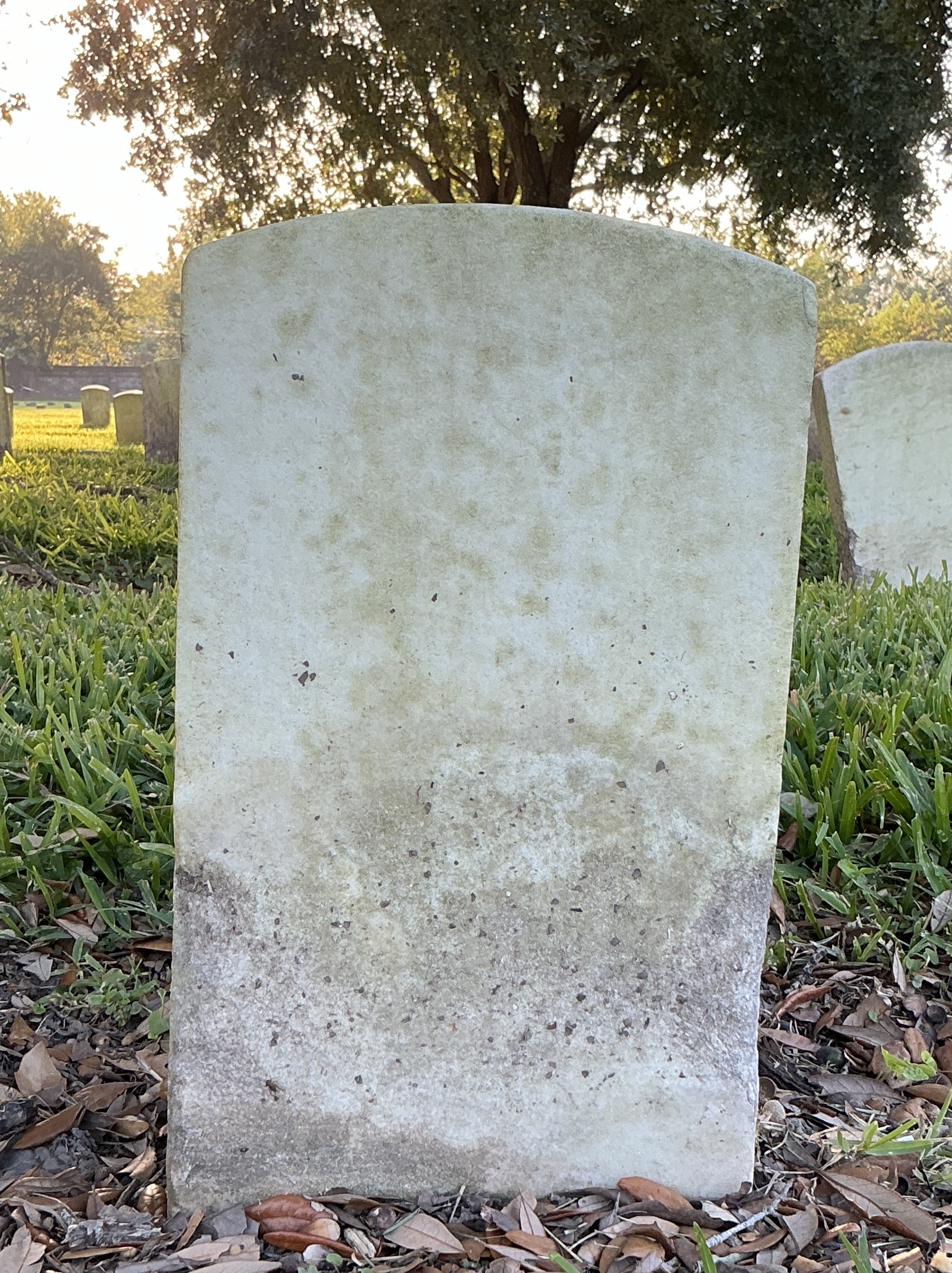 Back of historic upright marble headstone with recessed shield face.